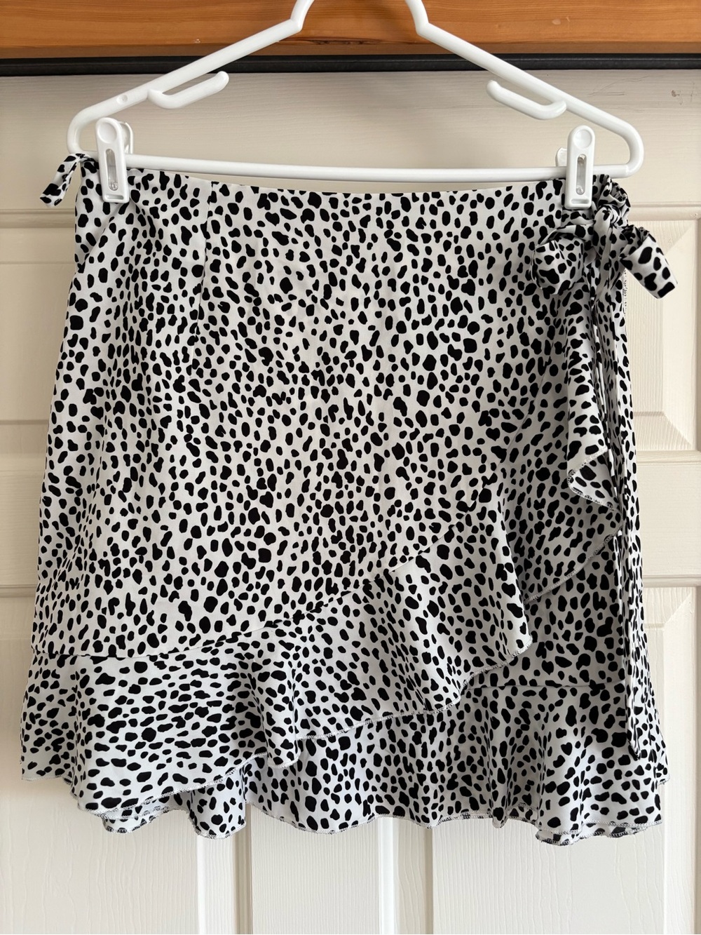 Dalmatian Print Tie-Waist Skater Wrap Skirt in Black & White by Naggoo, Size L